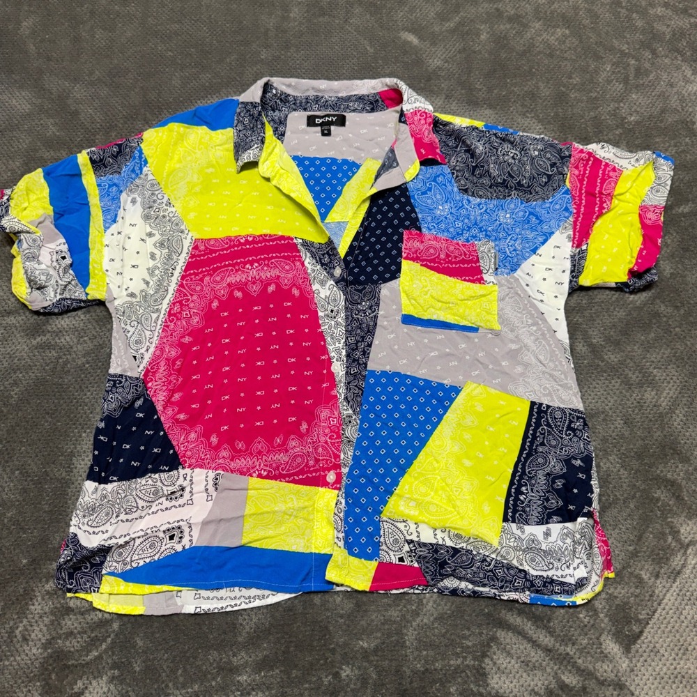 DKNY Womens XL Patchwork Bandana Print Button Down Shirt Viscose Short Sleeve‎